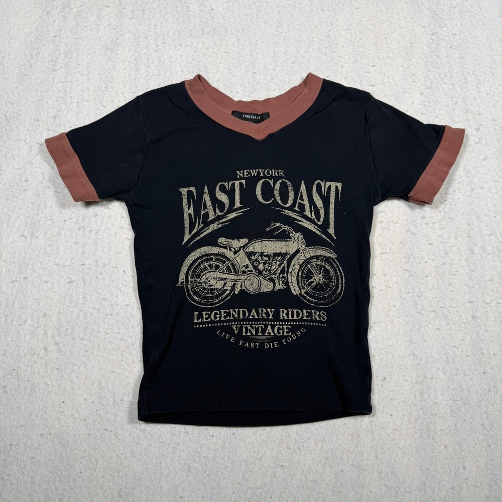 Forever 21 Womens Small Black V-Neck East Coast Biker Ringer Graphic T-Shirt